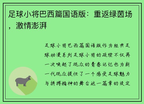 足球小将巴西篇国语版：重返绿茵场，激情澎湃