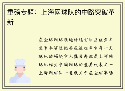 重磅专题：上海网球队的中路突破革新