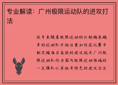 专业解读：广州极限运动队的进攻打法