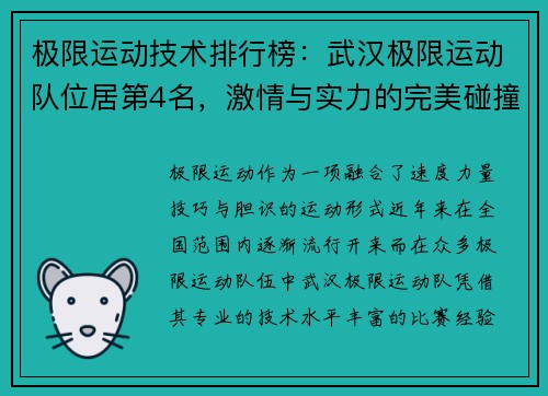 极限运动技术排行榜：武汉极限运动队位居第4名，激情与实力的完美碰撞