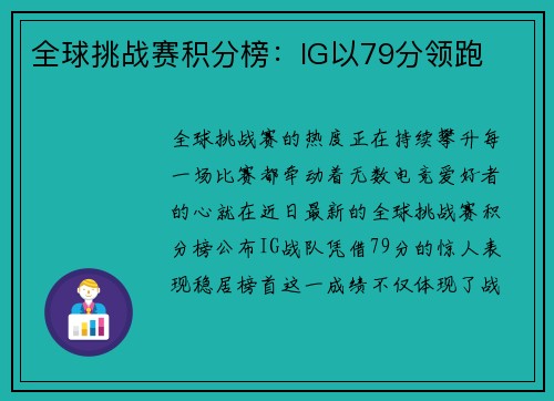 全球挑战赛积分榜：IG以79分领跑